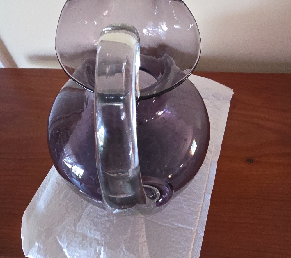 Handblown Deep Purple Glass Pitcher with Clear Handle - Decorative Vase - Picture 4 of 6